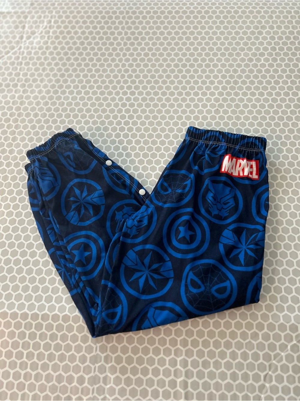 Disney Marvel Navy and Royal Blue Kids Superhero Joggers w Snap Legs    Size S